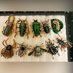 Lot of 10 Vintage Style Insect Brooch Pins Rhinestone Enamel Beetle Spider